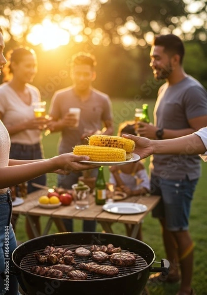 Fototapeta Friends enjoying a summer barbecue outdoors with grilled corn on the cob and steaks, raising glasses for a toast under the warm sunlight