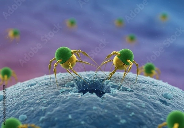 Fototapeta Microscopic view of sperm cells with green heads attached to an egg cell, illustrating fertilization and conception in a scientific context