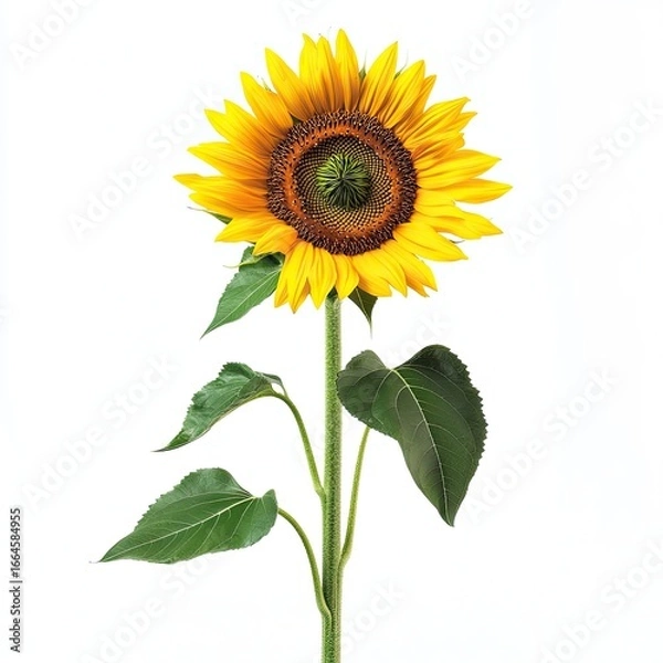Fototapeta Vibrant sunflower, bright yellow petals, dark brown center, green leaves, slender stem, isolated on white