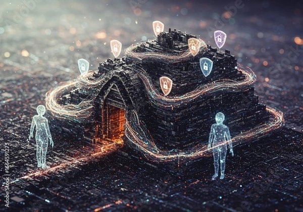 Fototapeta Digital fortress safeguarded by glowing energy flows, protecting sensitive information and data, secured by modern cybersecurity shields, featuring futuristic AI guardians