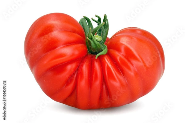 Fototapeta ribbed ripe beefsteak tomato isolated on white background, single fresh wrinkled tomato variety
