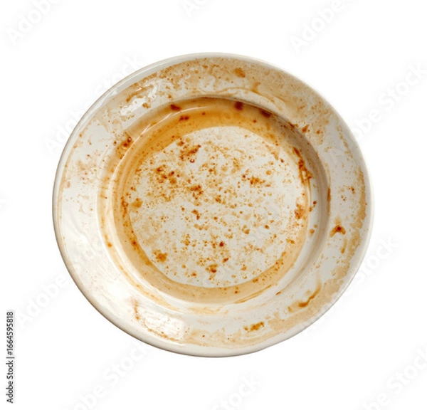 Obraz Used plate with scraps after a meal kitchen food top view isolated on transparent background, png