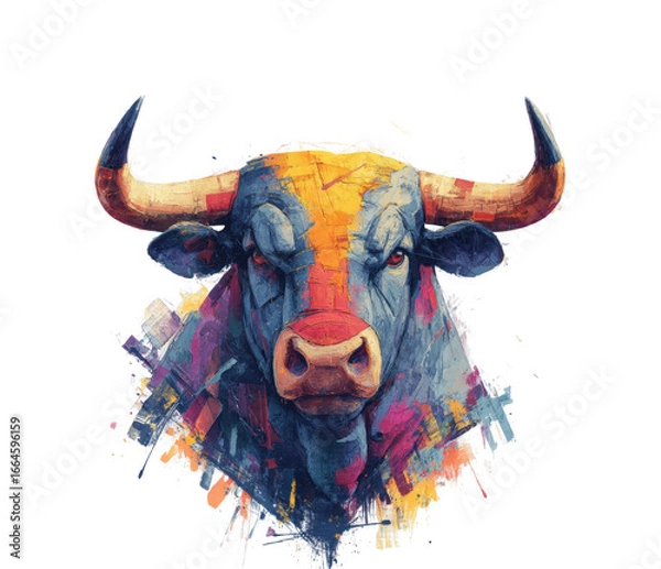 Obraz Dynamic bull digital vibrant colors view concept isolated on transparent background, png