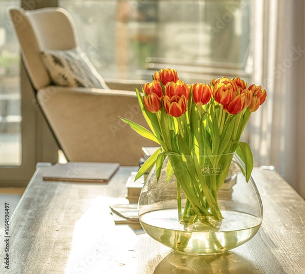 Fototapeta Sunlit Tulips in a Cozy Room: A vibrant bouquet of red and yellow tulips sits gracefully in a transparent vase on a sun-drenched table. 
