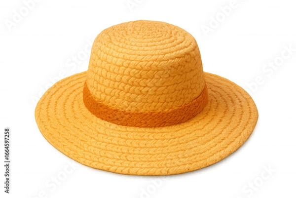Fototapeta Classic yellow straw hat featuring an orange ribbon, isolated on a transparent background, perfect for summer and outdoor projects