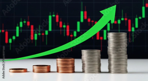 Fototapeta Financial Growth and Investment Strategy with Stacked Coins and Upward Trend Chart for Economic Success and Business Development in Modern Market
