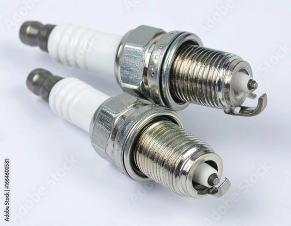 Obraz Realistic spark plugs isolated on white background. Ideal for automotive parts catalogs, mechanic workshops, and vehicle repair promotion.