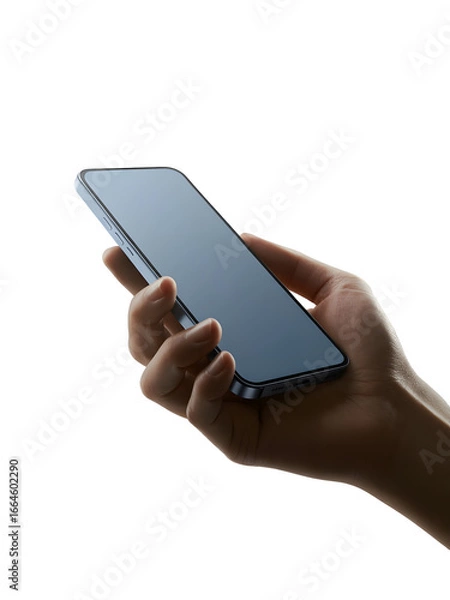 Fototapeta Person using a contemporary touchscreen smartphone, isolated on white with elegant side lighting for a dramatic effect