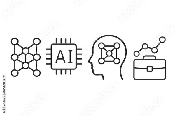 Fototapeta AI and machine learning line icon set. Artificial intelligence concepts for business. Neural network, ai chip, deep learning in human mind and data analytics for growth vector.