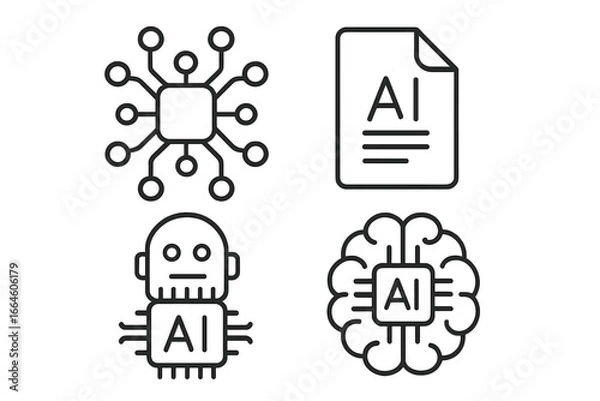 Fototapeta AI icons set for future technology. Artificial intelligence, machine learning, and deep learning concepts. Robot, brain, processor chip, neural network, and data file outline symbols.