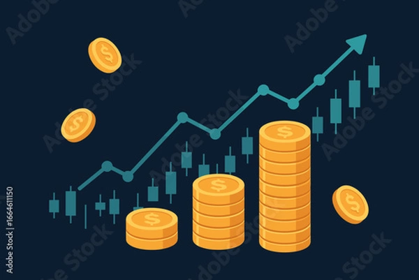Obraz Financial investment concept with stacks of coins and a trading graph showing growth. Stock market success, banking, digital economy, and finance investor profit background.
