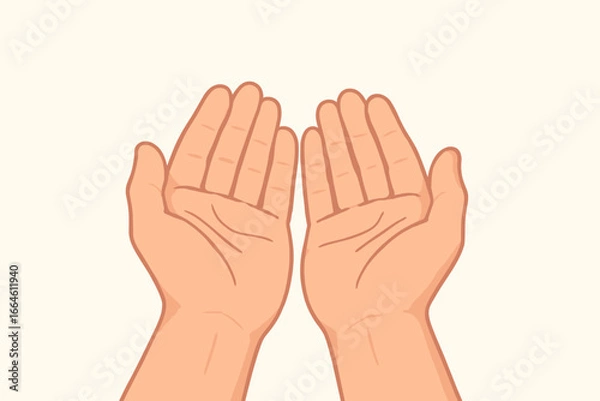 Fototapeta Two open empty hands begging for help or giving support. Charity, donation, and prayer concept. Human hands asking for alms or receiving a gift. Vector cartoon illustration.