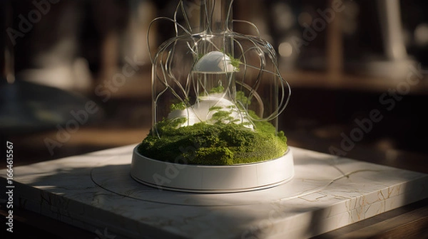 Fototapeta Green plant white polymer and tendrils capturing sunlight in a glass pot, symbolizing air purifier, new beginnings growth and hope for a sustainable future
