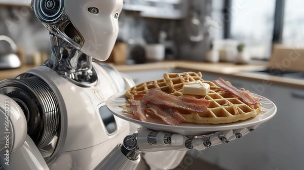 Fototapeta An artificially intelligent robot holding a plate with delicious waffles with butter and syrup, crispy bacon strips, for breakfast at a modern kitchen
