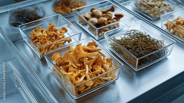 Fototapeta Dried mushrooms samples in petri dishes on the table at a modern laboratory. Research in natural ingredients, Mushroom research

