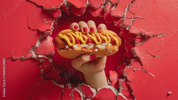 Fototapeta Hand holding a hot dog with mustard and ketchup, bursts through out of a hole in red wall
