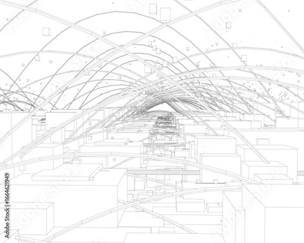 Fototapeta Abstract cityscape with geometric cubes and contour architecture, detailed buildings against stark white background