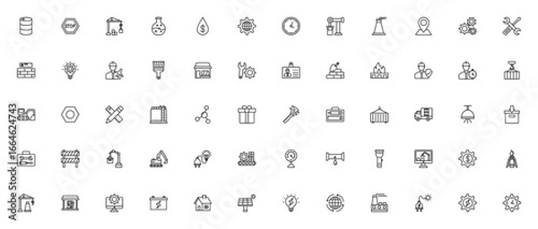 Obraz Construction icon set. Industrial vector icons. Includes symbols for barrel, robotic arm, factory, worker, tools, machinery, construction vehicles, and more. Editable stroke.