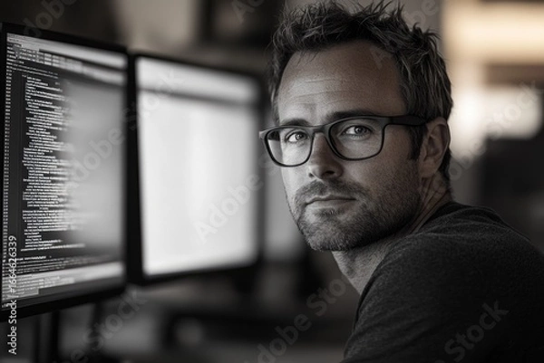 Fototapeta Focused programmer with glasses working intently on dual monitors displaying code, showcasing dedication and expertise.