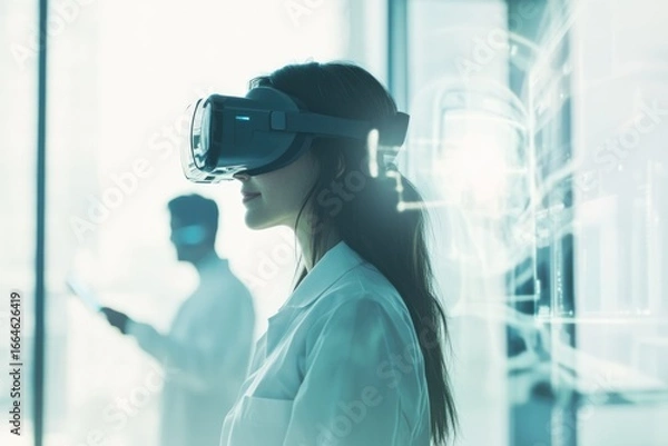 Fototapeta A female scientist uses VR technology in a modern laboratory setting, immersed in data visualization.