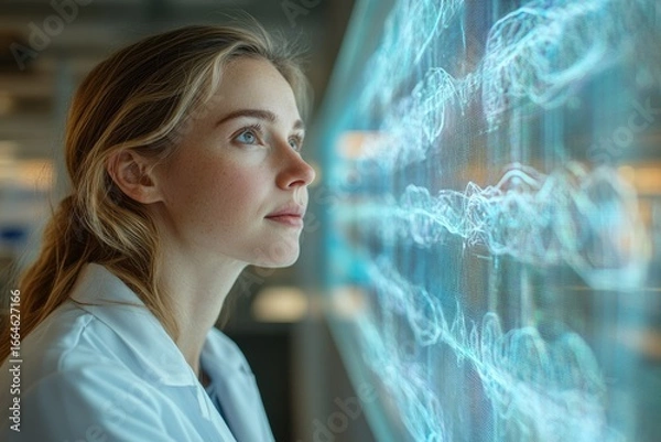 Fototapeta A female scientist in a lab coat studies complex data visualized on a futuristic screen.