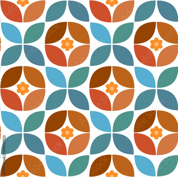 Fototapeta mid mod  retro abstract geometric minimalist blooms and leaves in brown blue beige teal colors seamless pattern, vector illustration repeat design print