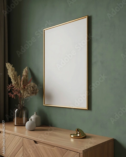Fototapeta Modern interior design featuring a minimalist framed mirror above a wooden dresser with dried flowers and decorative objects