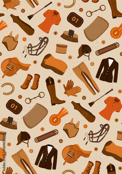 Fototapeta equestrian gear accessories tack seamless pattern in elegant beige brown colors, vector illustration repeat design print