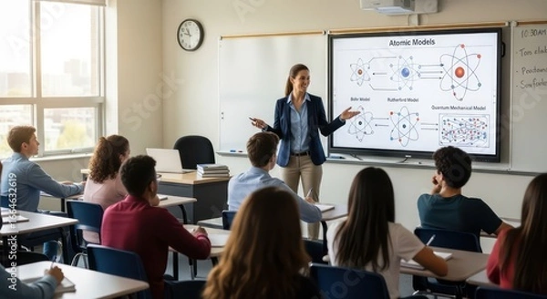 Fototapeta Energetic teacher explains atomic models to attentive students in a bright classroom setting