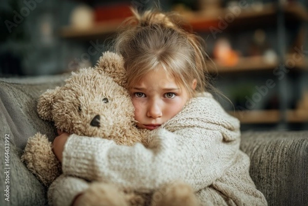 Fototapeta Little girl in a cozy sweater hugs a teddy bear tightly while looking sad on a couch. This image conveys childhood emotions, comfort, and themes of loneliness or vulnerability.
