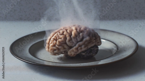 Fototapeta A human brain on a plate with hot steam came from cooked brain
