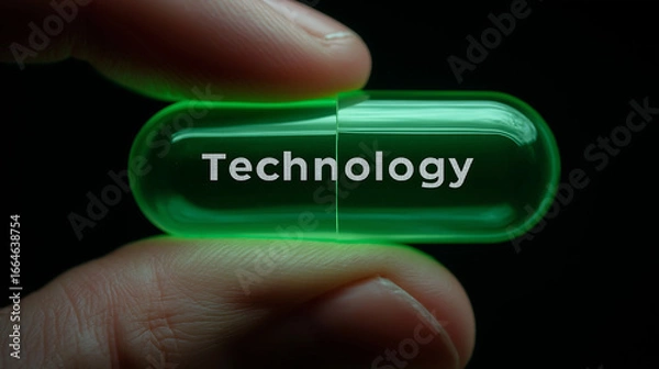 Fototapeta A hand holding glowing green capsule with white "Technology" text on it. Technology and health innovation concept


