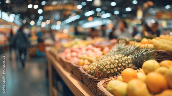 Fototapeta blurred background of the supermarket with people shopping and fruits on the counter in a luxury grocery store