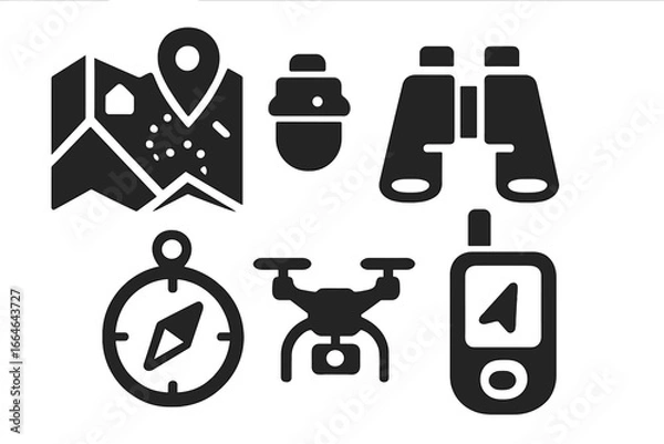 Fototapeta Urban survival icon set. Solid glyph collection of emergency preparedness gear. Navigation and exploration tools: map, compass, binoculars, drone, GPS and water bottle.