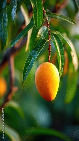 Fototapeta A vibrant mango dangles from a lush green branch in a tropical garden, catching the warm golden light of the setting sun, showcasing its rich orange color and smooth texture