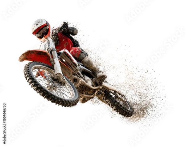 Fototapeta Motocross rider performing stunt dirt track action isolated on transparent background, png