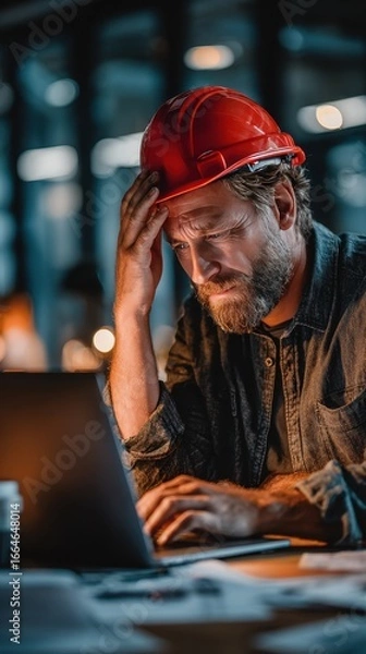 Fototapeta A construction worker in a red hard hat is concentrating hard while using a laptop to plan a project. The dimly lit office is filled with blueprints and tools, suggesting a busy work environment