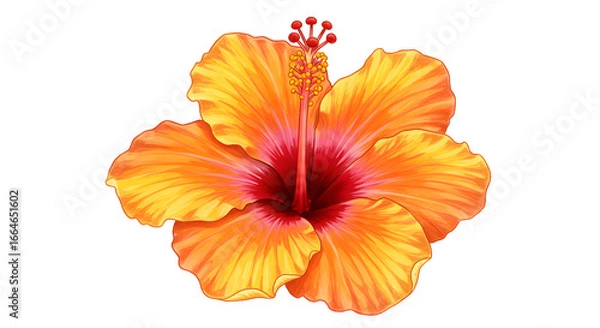 Fototapeta a single hibiscus flower in full bloom, vibrant orange petals with yellow accents, artistic watercolor and gouache texture, visible brush strokes