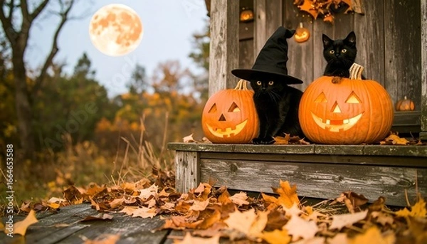Fototapeta Two black cats, wearing witch's hats, sit atop carved pumpkins on a rustic wooden porch, bathed in autumnal sunlight, with a full moon in the background.