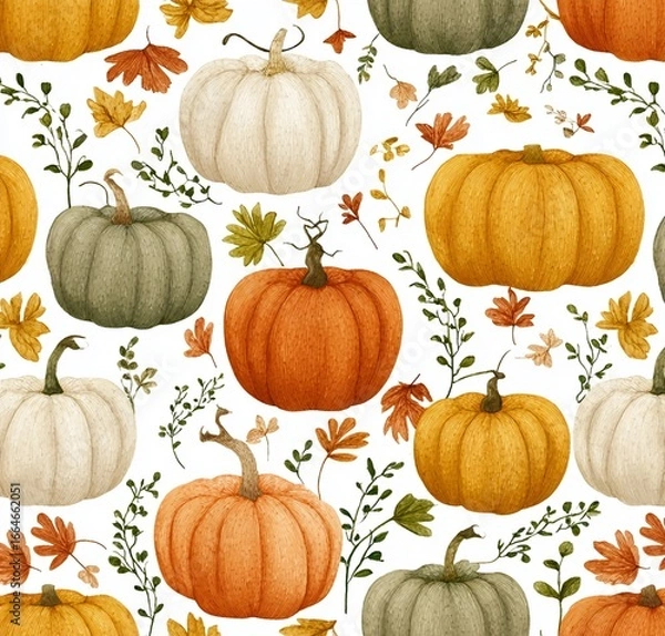 Fototapeta Painted stylized pumpkins in a pattern on a white background, with warm colors, autumn leaves and vines, watercolor, generated image
