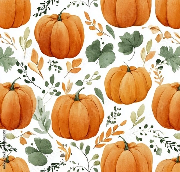 Fototapeta Painted stylized pumpkins in a pattern on a white background, with warm colors, autumn leaves and vines, watercolor, generated image

