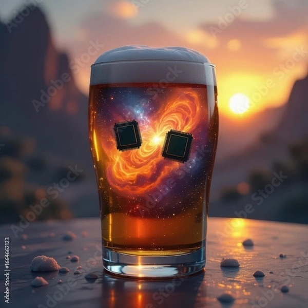 Fototapeta Cosmic beer with microchips in frothy glass at stunning desert sunset.
