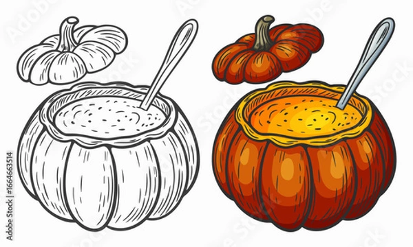 Fototapeta Hand drawn sketch style illustration of creamy pumpkin soup in a pumpkin bowl. Outline style and colored