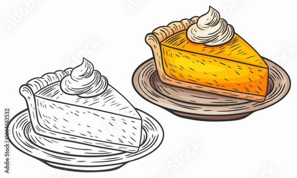 Fototapeta Hand drawn sketch style illustration of pumpkin pie. Outline style and colored