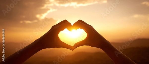 Fototapeta Hands forming a heart shape framing the glowing sun during a golden sunset over a hazy landscape