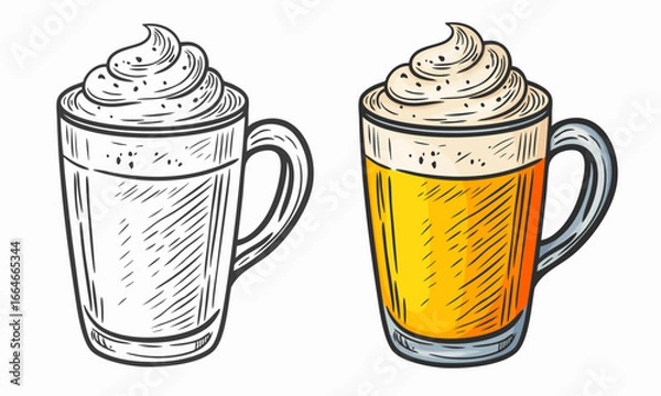 Fototapeta Hand drawn sketch style illustration of pumpkin spice latte. Outline style and colored