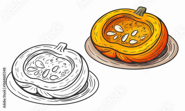 Fototapeta Hand drawn sketch style illustration of bakered pumpkin. Outline style and colored