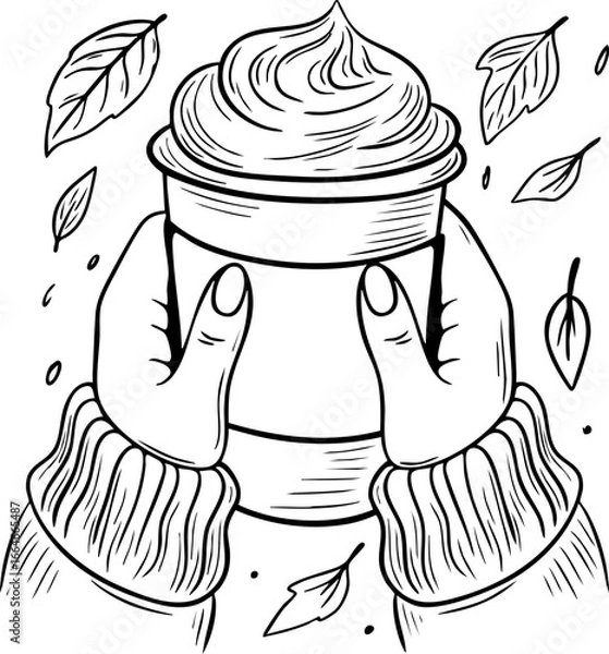 Fototapeta Black and white line art illustration of cozy autumn mood, featuring hands in warm sweaters holding a takeaway coffee cup with whipped cream topping, surrounded by falling leaves.