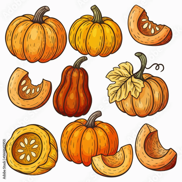 Fototapeta Set of bright pumpkins in flat style with dark outline	
