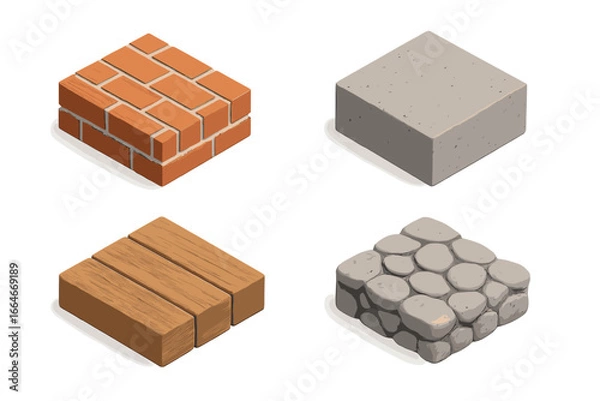 Fototapeta Isometric Building Material Textures Set. Exposed Brick Pattern, Concrete Aggregate Block, Wooden Plank Slab, and Cobbled Stone Pavement. Construction, Architecture, 3D Vector Illustration.